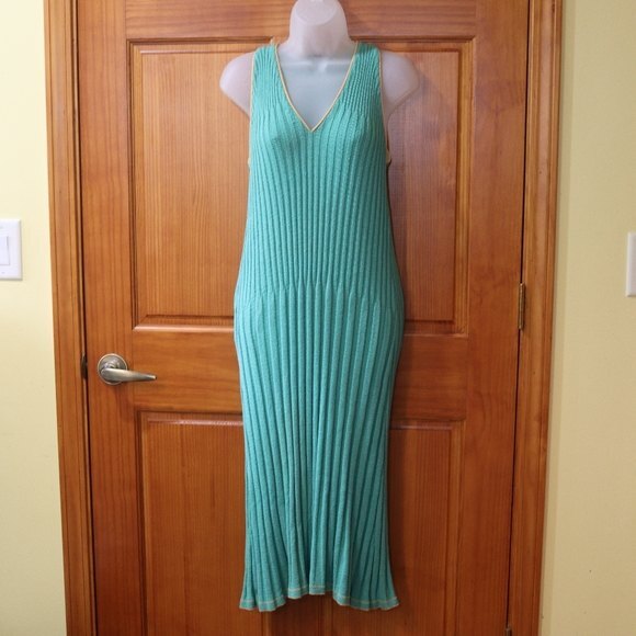 Vintage 90s Teal Green Ribbed Knit V-Neck Midi Dress (Size 14) - Bodycon Belted - Picture 15 of 15